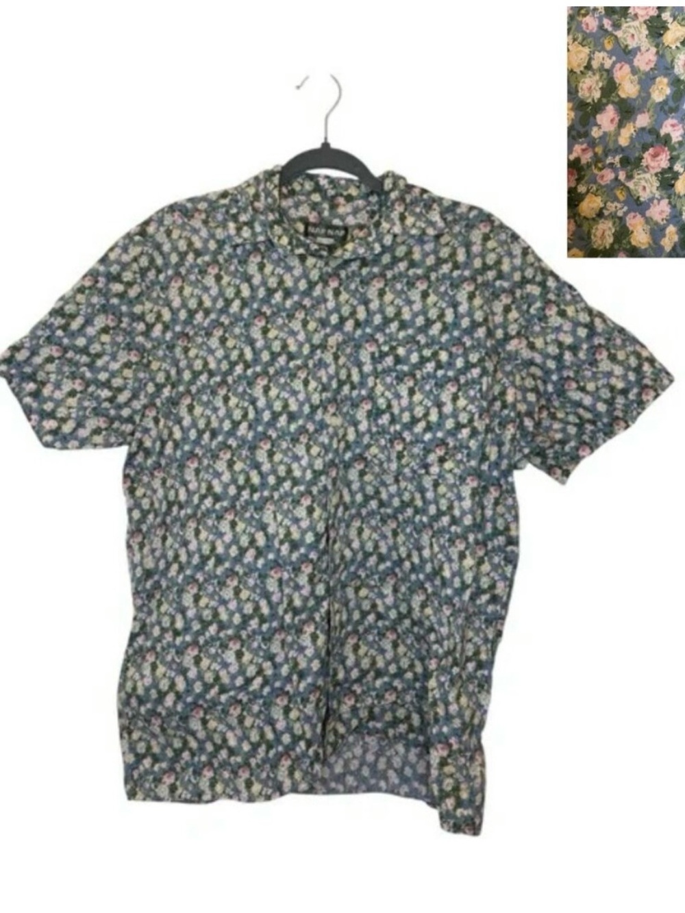 Naf Naf Blue Floral Print Button Down Shirt Retro 90s Style Short Sleeve Medium